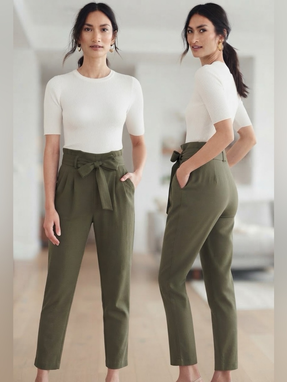 RW & CO. Olive Green High-Waist Paperbag Tapered Pants Tie Belt Size 2